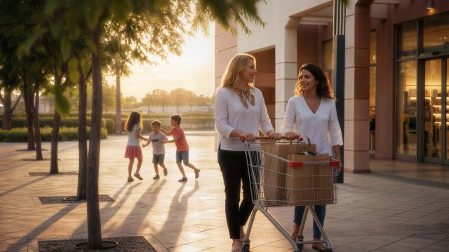 Walking to the community centre and shops at Al Ghadeer in the morning