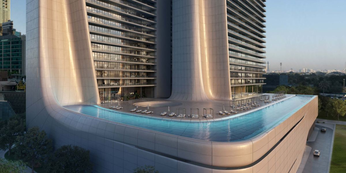The podium pool wrapping the base of the Akala towers.