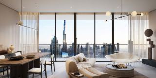 Living and dining space in a residence at Akala, opening to the skyline.