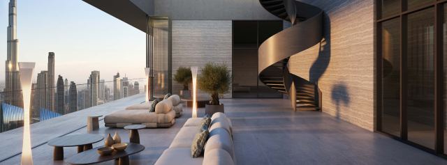 The terrace of the six bedroom at Akala, facing the Burj Khalifa.