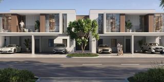 Front elevation of the ALVA townhouses at The Valley by Emaar, with covered parking under the first-floor terraces.