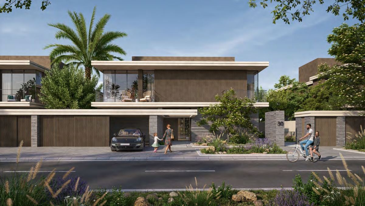 Street elevation of the five-bedroom Premium villa at Athlon with its garage court.