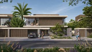 Street elevation of the five-bedroom Premium villa at Athlon with its garage court.