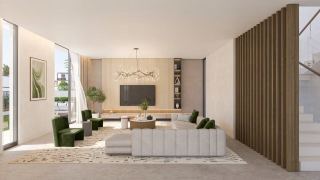 Living room in an Athlon Premium villa with timber wall panelling.