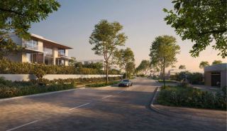 Tree-lined street within the Y Views enclave at BAYN Ghantoot, with contemporary villas set behind landscape buffers.