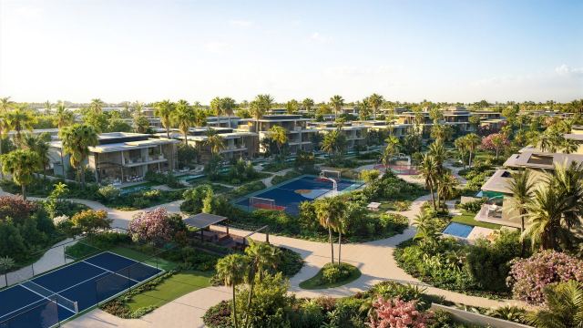 Multi-sport courts and landscaped paths at Bay Estate