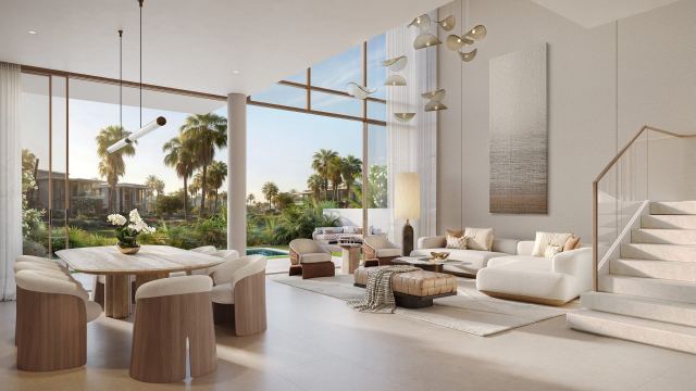 Townhouse living and dining room with wall-to-wall glazing