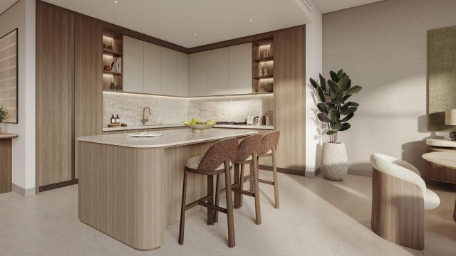 Townhouse kitchen with an island at Bay Estate