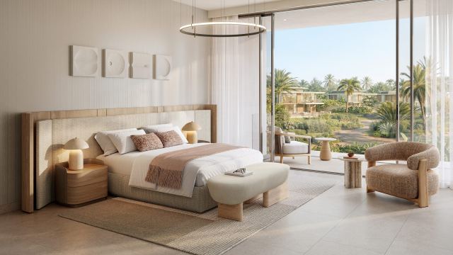 Townhouse primary bedroom at Bay Estate