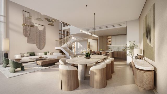 Attached villa living, dining and kitchen with a staircase