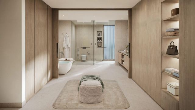 Primary bathroom in a Bay Estate garden villa