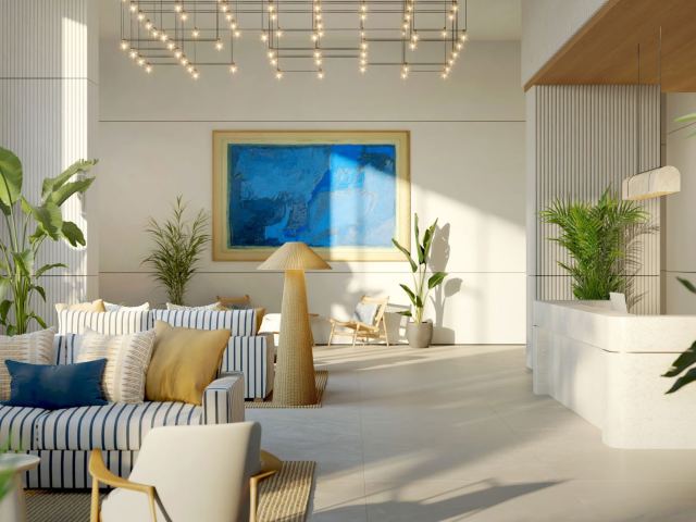 The lounge at The Beach House Fahid, opening to the gardens.