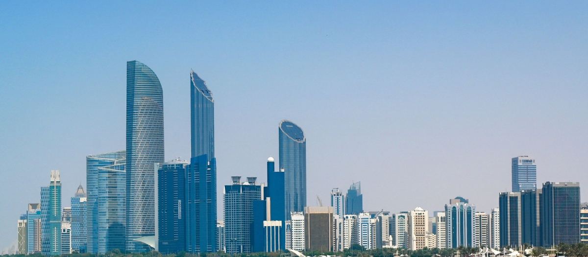 The Abu Dhabi skyline across the water from Fahid Island.