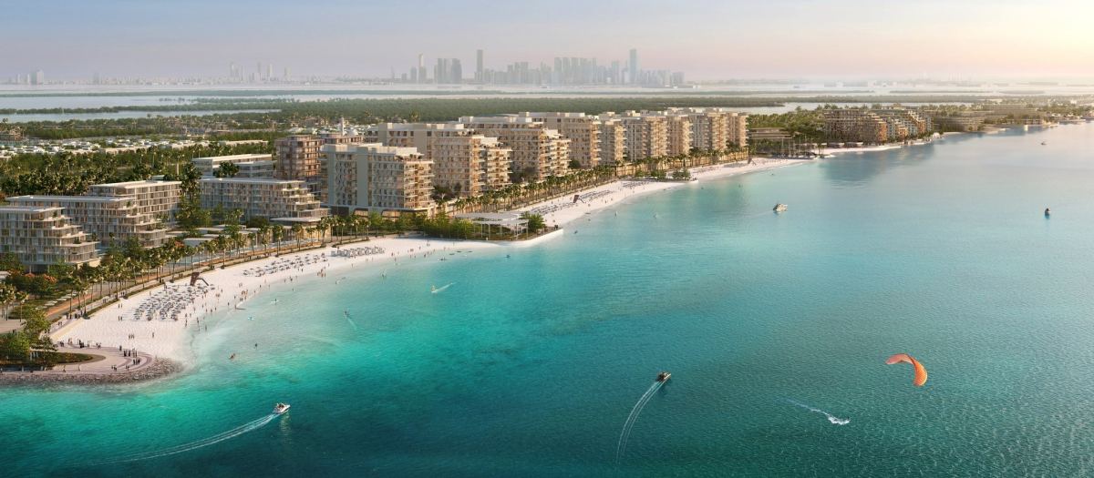 Fahid Island from the air, with Fahid Beach Residences along its beach.