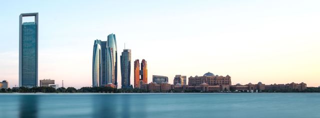 The Abu Dhabi skyline across the water from Fahid Island.