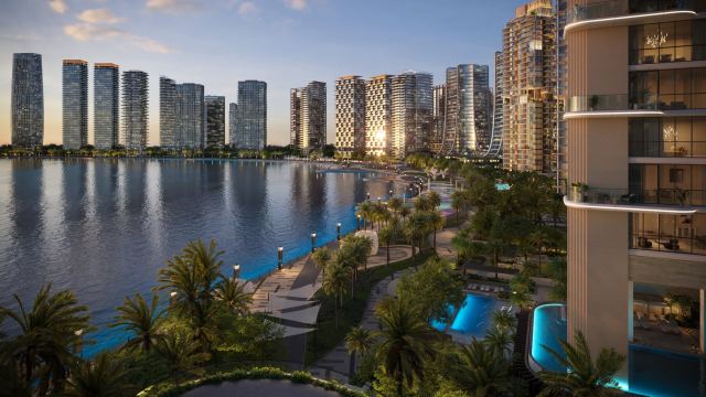 Wide water view at The Creekside, Dubai Design District, seen from a residence balcony