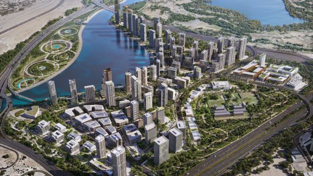 Daylight aerial of the Dubai Design District masterplan showing the street grid and the waterfront