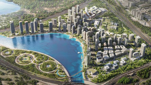 Aerial view of the Dubai Design District masterplan by Meraas, showing the water, the circular gardens and the five areas