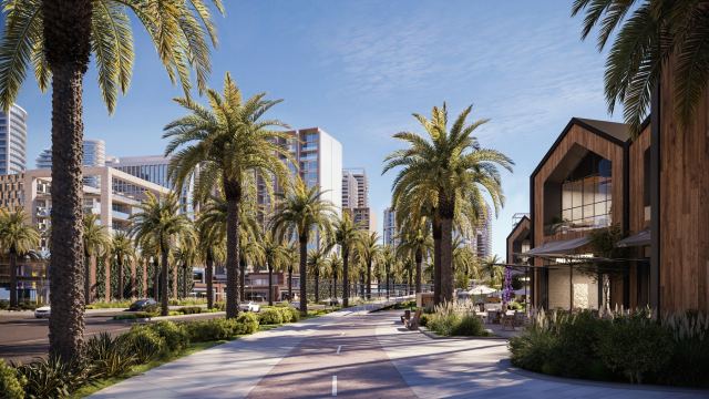 Palm-lined boulevard through The Mindspace, Dubai Design District