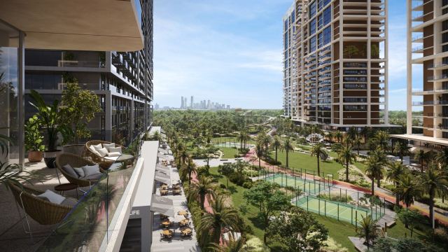 The Sanctuary at d3, a balcony view over parkland, sports courts and residences