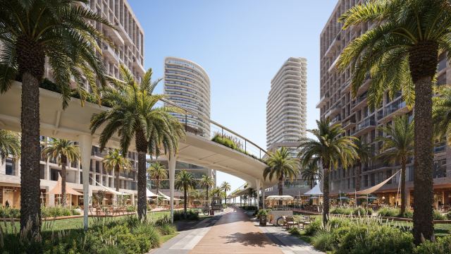 Pedestrian street at SOHO, Dubai Design District, with its canopy walkway and shaded seating