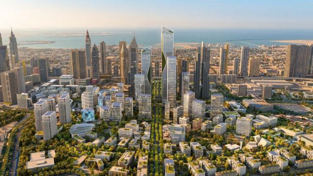 DIFC from above, the Gate Building and the towers along Sheikh Zayed Road