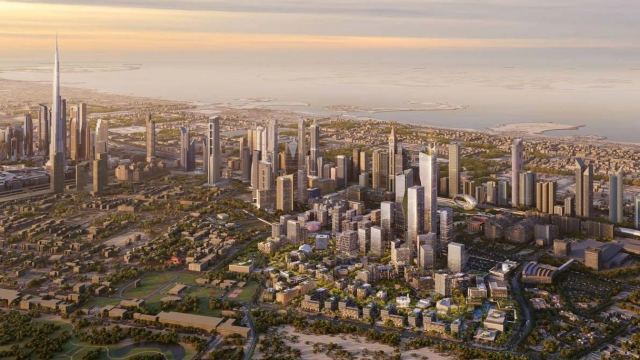 DIFC Zabeel District from the air, with the Burj Khalifa behind it