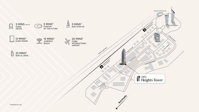 DIFC's own map of distances from the district, with both metro stations marked