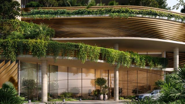 A terraced, planted podium at the foot of a Forest District tower