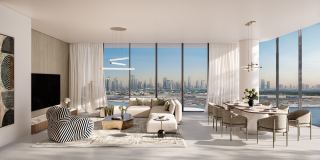 A living room at The Edit at d3 looking over the Dubai skyline.