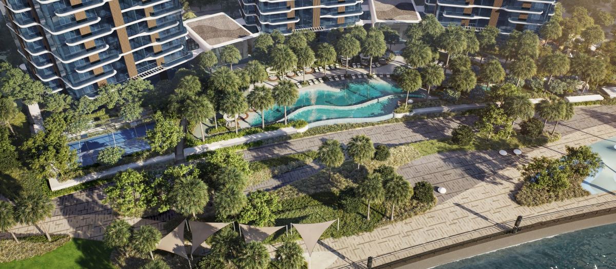 The Edit at d3 from above, the three towers around the pool deck on the canal.