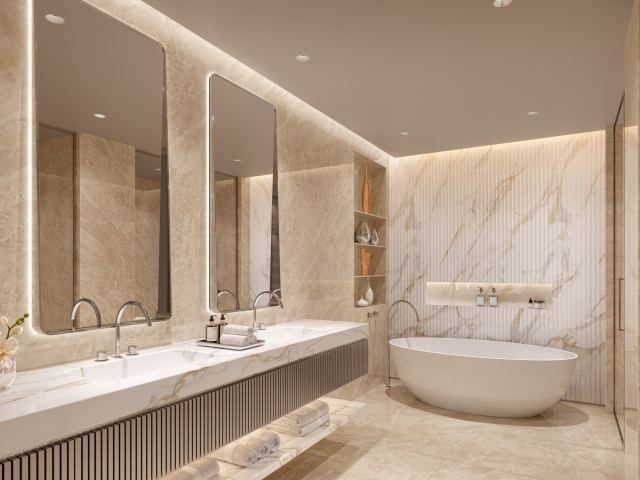 A bathroom at The Edit at d3 in stone.