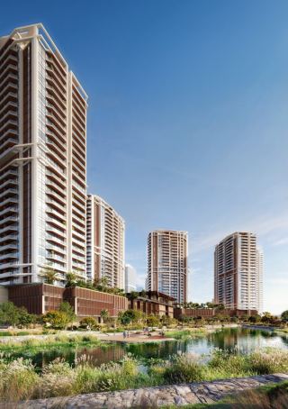 Eltiera Views towers seen from the lake edge at Jumeirah Islands.