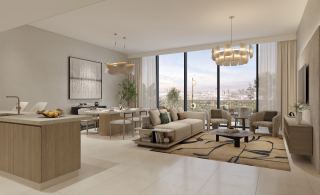 Open-plan living and kitchen interior in an Expo Valley Views apartment