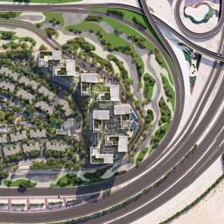 Overhead masterplan view of Expo Valley showing the Expo Valley Views clusters within Expo City Dubai
