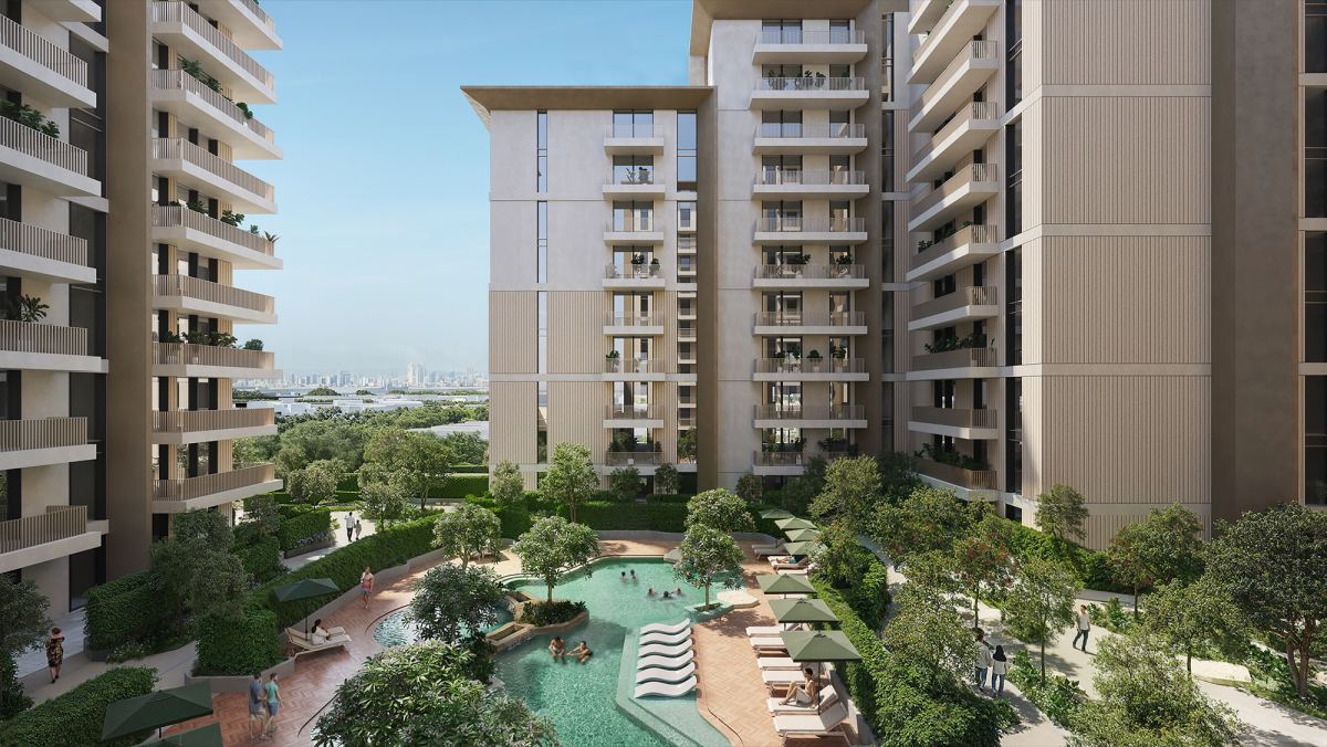 Podium pool and sun deck between the Expo Valley Views residential buildings