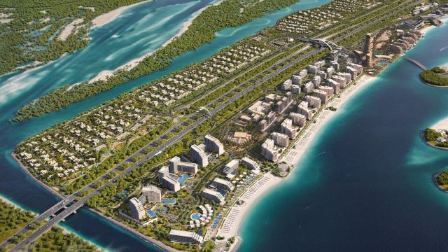 Fahid Island from above, the beaches on one side and the mangroves on the other
