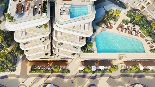 A residential podium at Fahid Island from above, with its pools and gardens