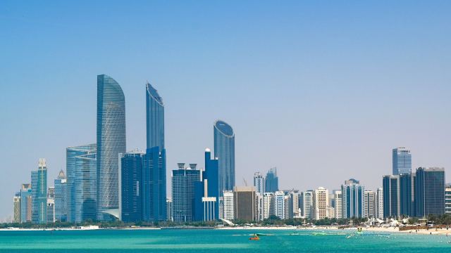 The Abu Dhabi skyline across the water from Fahid Island