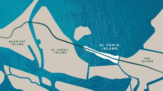 Map of the Abu Dhabi coast showing Fahid Island between Saadiyat Island and Yas Island