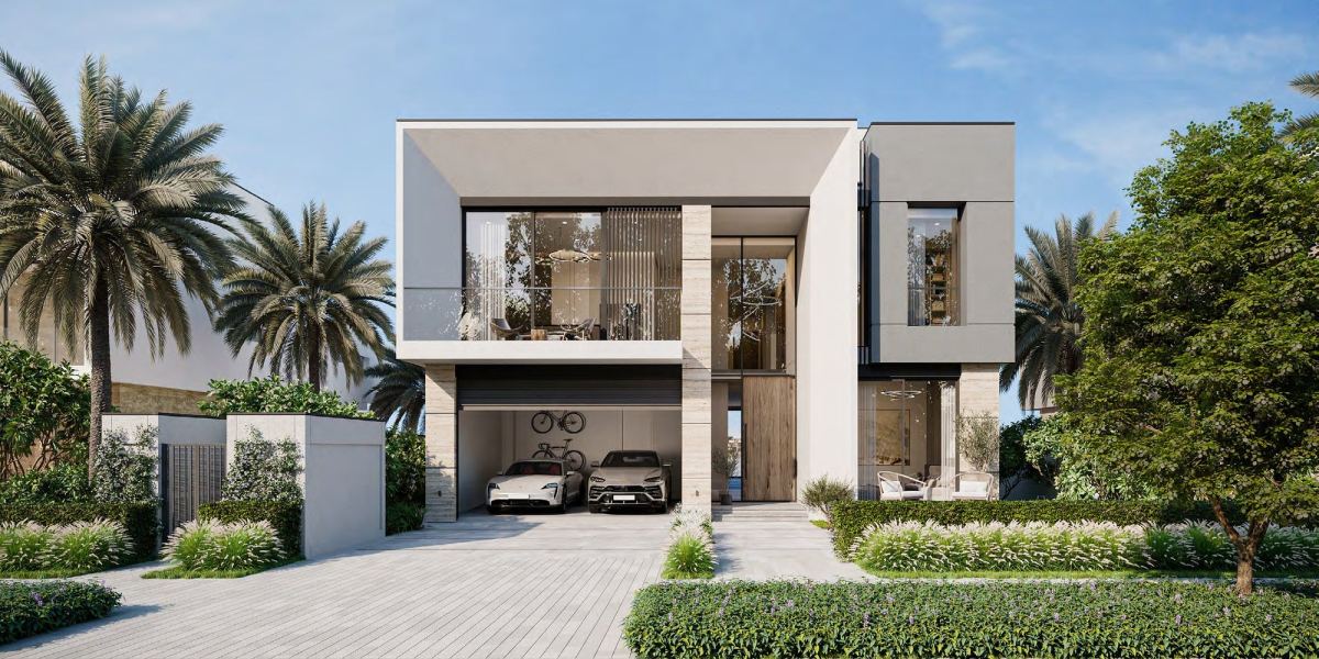 Beach Collection villa at Frond F, Palm Jebel Ali, with its carport and palms at the entrance.