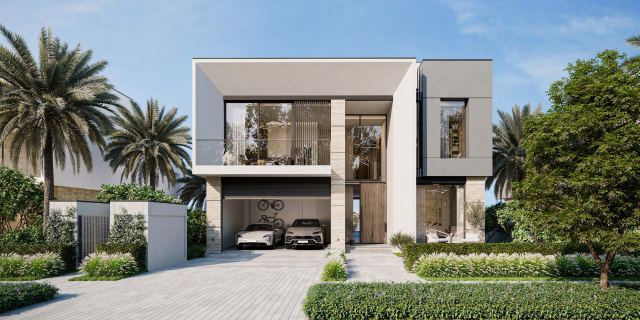 Beach Collection villa at Frond F, Palm Jebel Ali, with its carport and palms at the entrance.