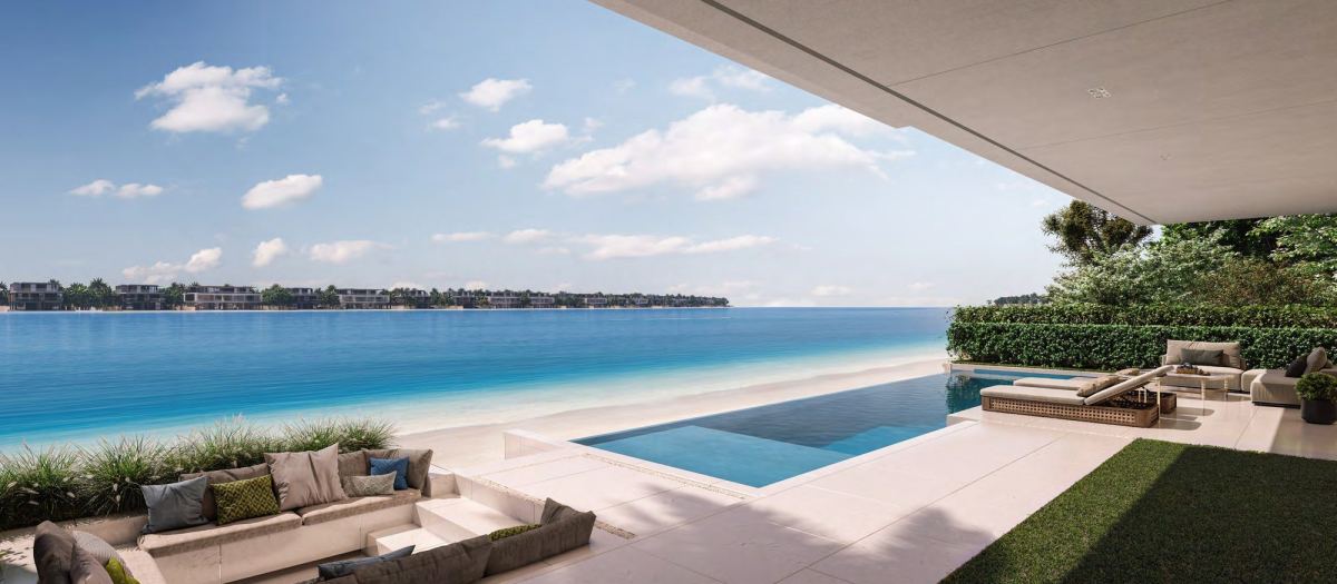 Roof terrace and pool looking out over the water at Frond F, Palm Jebel Ali.