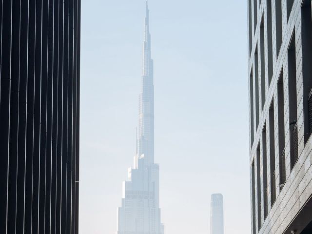 The Burj Khalifa framed from within DIFC, the view south from the residences.