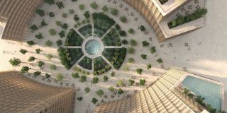 The pedestrian-only garden square at Four Seasons Private Residences DIFC seen from above.