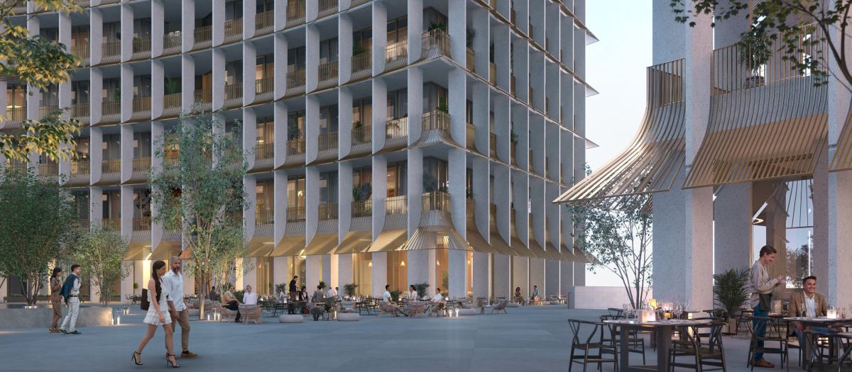 Cafés and restaurants along the colonnade at the foot of Four Seasons Private Residences DIFC.
