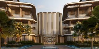Arrival court and reflecting pool at dusk, Four Seasons Private Residences