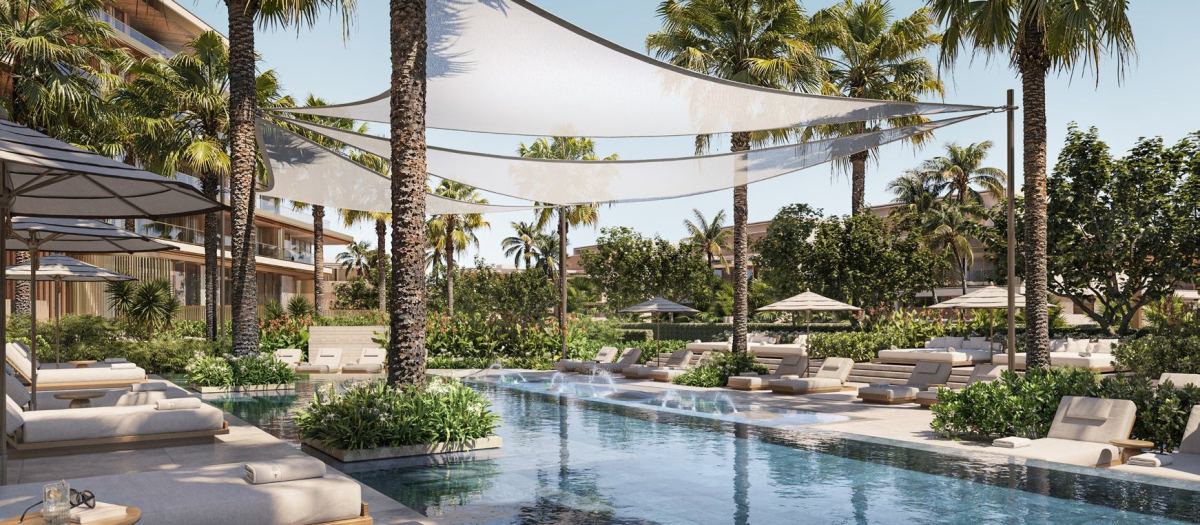 Poolside cabanas at Four Seasons Private Residences Saadiyat Beach
