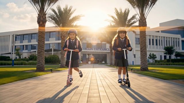 Children scooting to Al Ghadeer British School on pedestrianised streets.