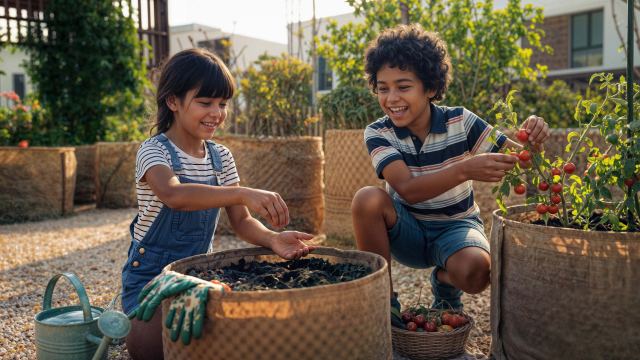 Children planting in the edible garden at Al Ghadeer Gardens.